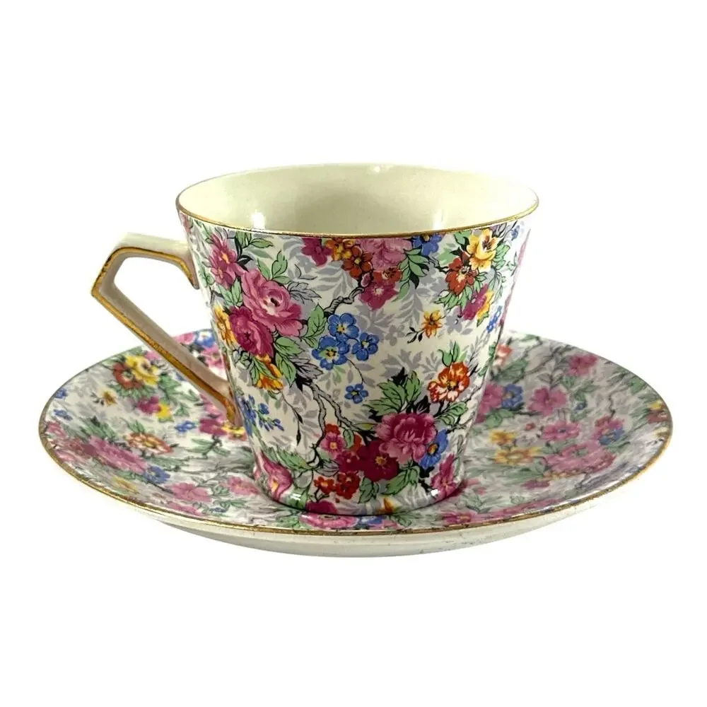 BCM Nelson Ware Chintz Floral Teacup & Saucer England Pink Blue Gold Trim